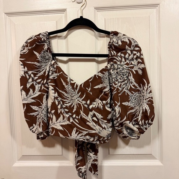 Express Tops - Express Womens Brown Floral Puff Sleeve Crop Top Tie Back Surplice Size 0